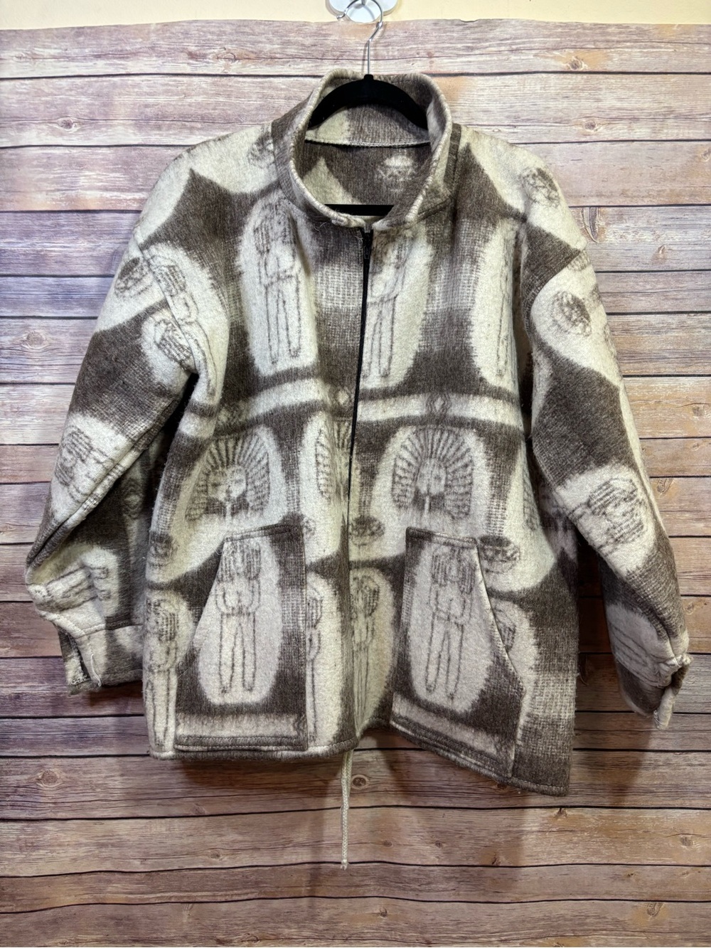 Vintage Rey Wear Beige & Tan Wool Zip Up Hooded Jacket